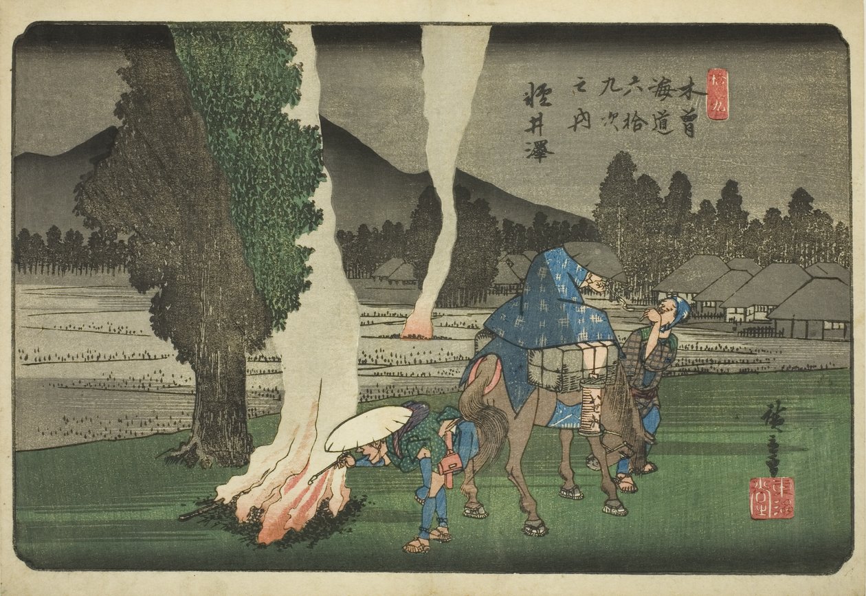 z. 19: Karuizawa, z Teseri s "Shi x t y ne s ta on s of te kisokaid (kisokaido rokujukyu tsugi no uchi)" od Utagawa Hiroshige