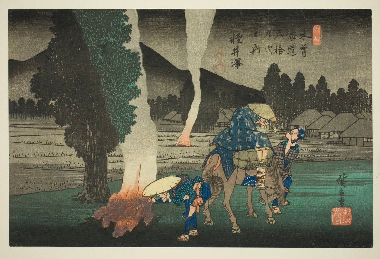 z. 19: Karuizawa, z Teseriho "Shi x t y ne s ta on te kisokaid (kisokaido rokujukyu tsugi no uchi)" od Utagawa Hiroshige