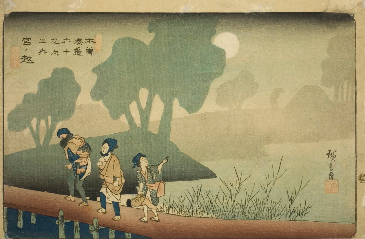 z. 37: Miyanokoshi, ze seriálu „Šest devět desítek kisokaido“ od Utagawa Hiroshige