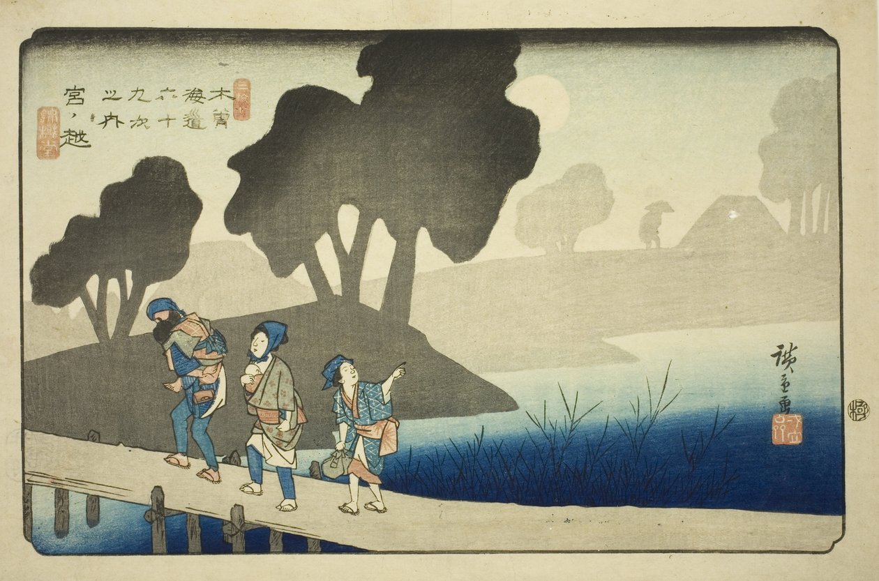z. 37: Miyanokoshi, ze série „Šest devět desítek kisokaido“ od Utagawa Hiroshige