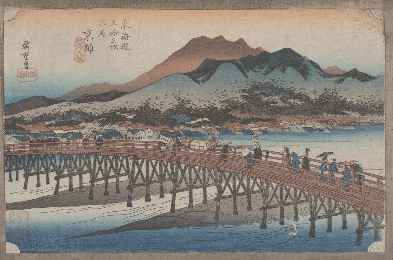 č. 55 „Kjóto: Velký most Sanjo“ z 53 stanic Tokaida, kolem roku 1833 od Utagawa Hiroshige