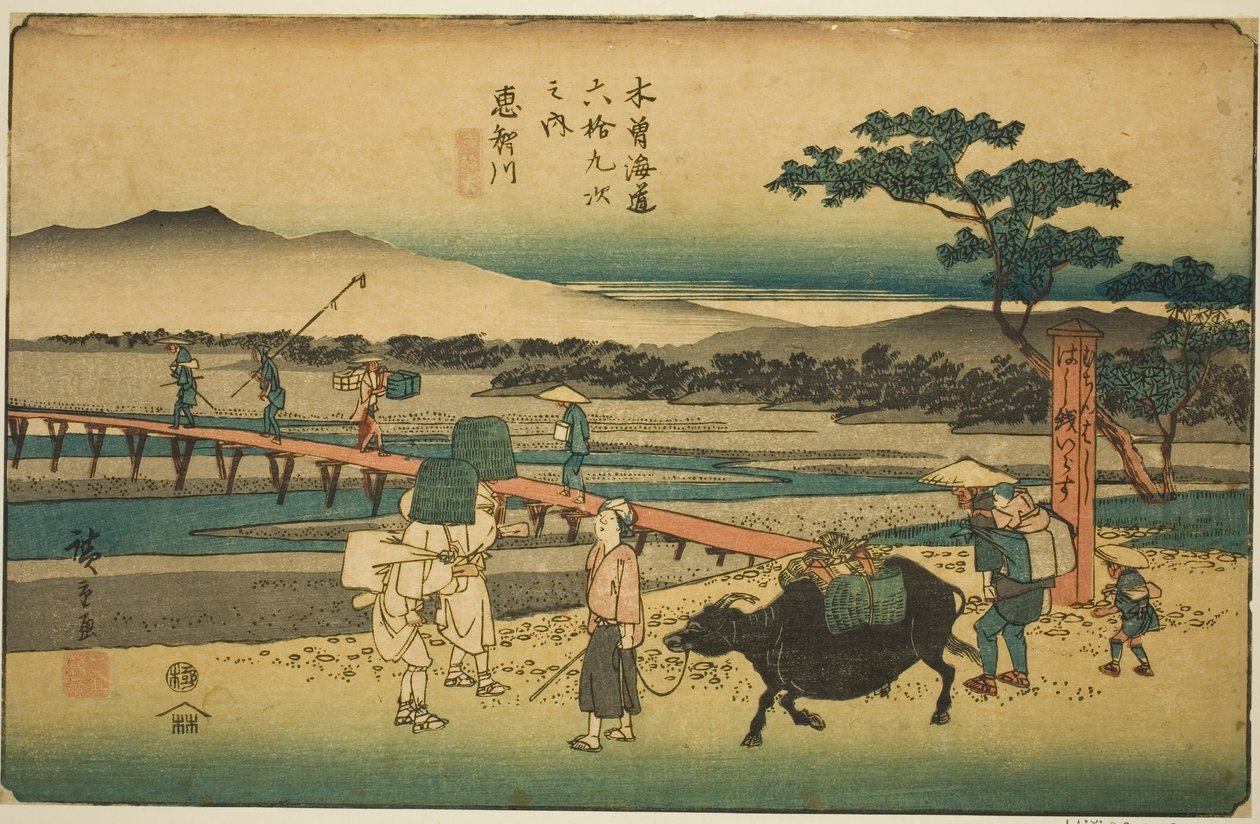 z. 66: Echikawa, ze série „Shi xty-devět S ta na kisokaidu (kisokaido rokujukyutsugi no uchi)“ od Utagawa Hiroshige