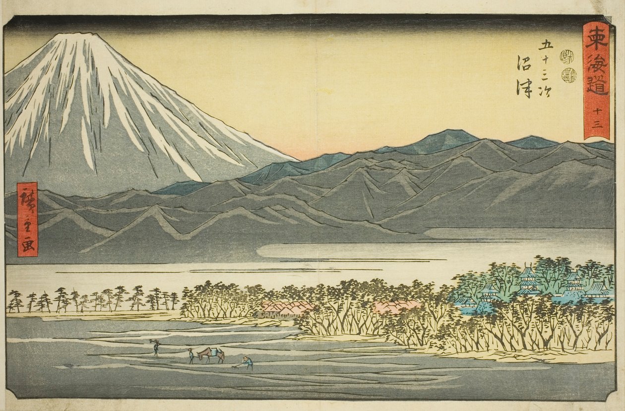 Numazu – Ne. 13, ze série „Padesát tři stanic Tokaidó (Tokaido gojusan tsugi), také známé jako Reisho Tokaido od Utagawa Hiroshige