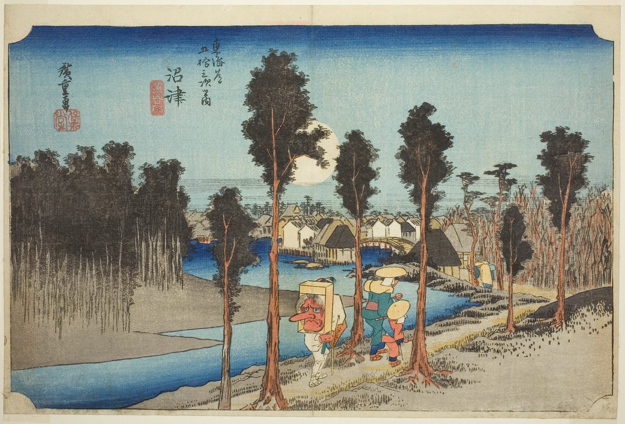 Numazu: Soumrak (Numazu, tasogare zu), ze série „Padesát tři zastávek na Tokaidské silnici (Tokaido gojusan tsugi no uchi)“, také známý jako Hoeido Tokaido od Utagawa Hiroshige