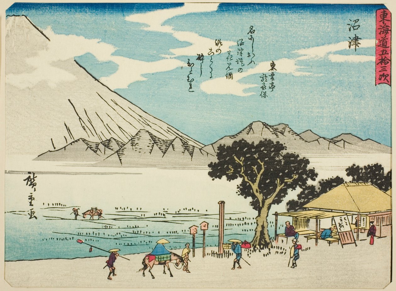 Numazu, ze série "Padesát tři stanic Tokaida (Tokaido gojusan tsugi)," také známé jako Tokaido s básní (Kyoka iri Tokaido) od Utagawa Hiroshige