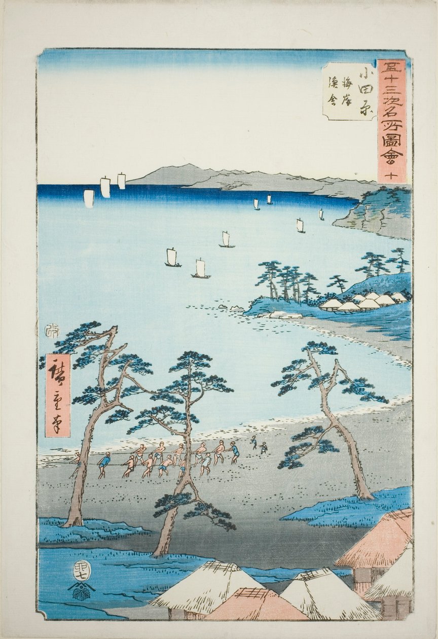 Odawara: Rybářské domky na pláži (Odawara, kaigan gyosha), č. 10 ze série "Slavné památky padesáti tří stanic (Gojusan tsugi meisho zue)", známé také jako Vertikální Tokaido. od Utagawa Hiroshige