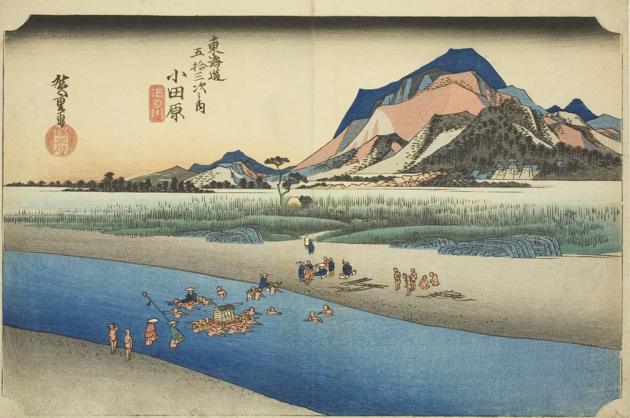 Odawara: Řeka Sakawa (Odawara, Sakawagawa), ze série „Padesát tři zastávek na Tokaidské silnici (Tokaido gojusan tsugi no uchi)“, také známé jako Hoeido Tokaido od Utagawa Hiroshige