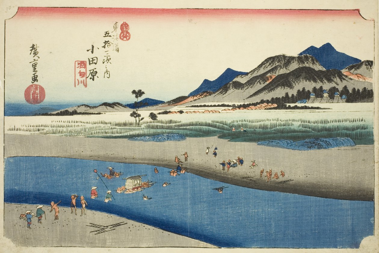 Odawara: Řeka Sakawa (Odawara, Sakawagawa), ze série „Padesát tři zastávek na Tokaidské silnici (Tokaido gojusan tsugi no uchi)“, také známé jako Hoeido Tokaido od Utagawa Hiroshige