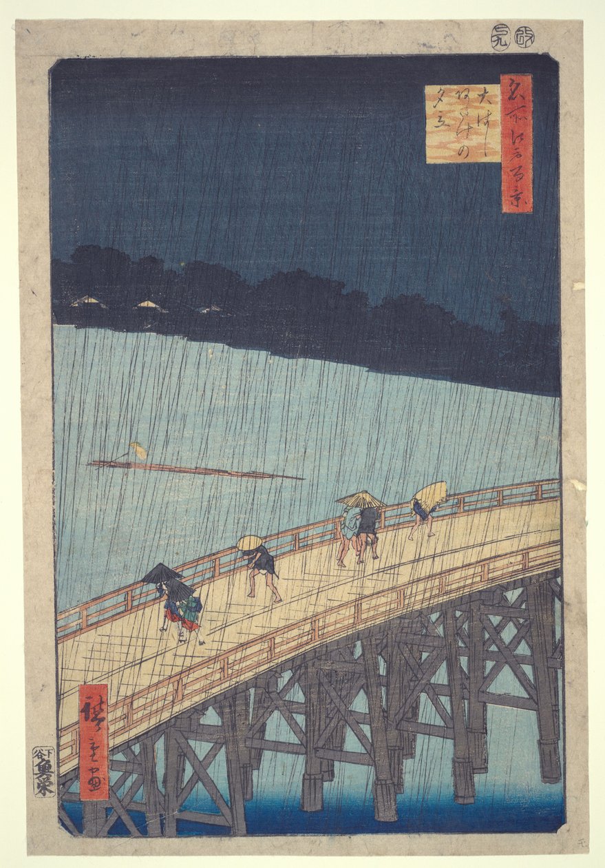 Most Ōhashi, Náhlá přeháňka v Atake, ze série „Sto slavných pohledů na Edo“ od Utagawa Hiroshige