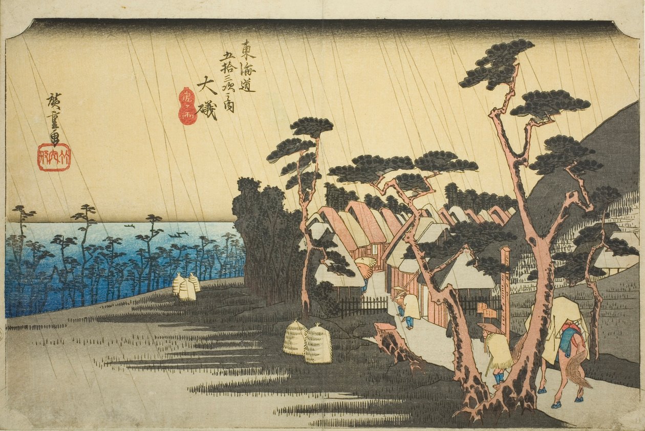 Oiso: Oiso, Tora ga ame, ze série "Padesát tři zastavení cesty Tokaido (Tokaido gojusan tsugi no uchi)", známé také jako Hoeido Tokaido. od Utagawa Hiroshige