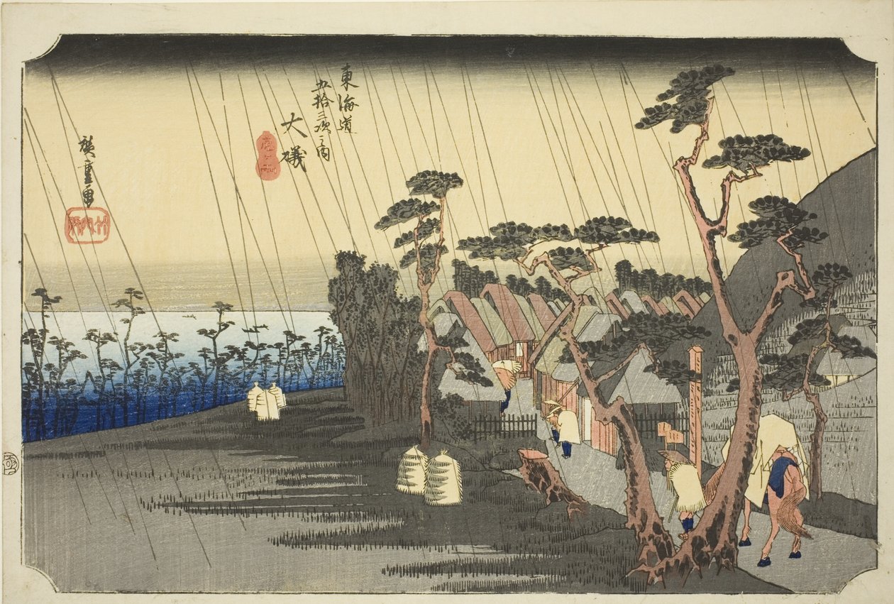 Oiso: Oiso, Tora ga ame, ze série "Padesát tři zastavení cesty Tokaido (Tokaido gojusan tsugi no uchi)", známé také jako Hoeido Tokaido. od Utagawa Hiroshige