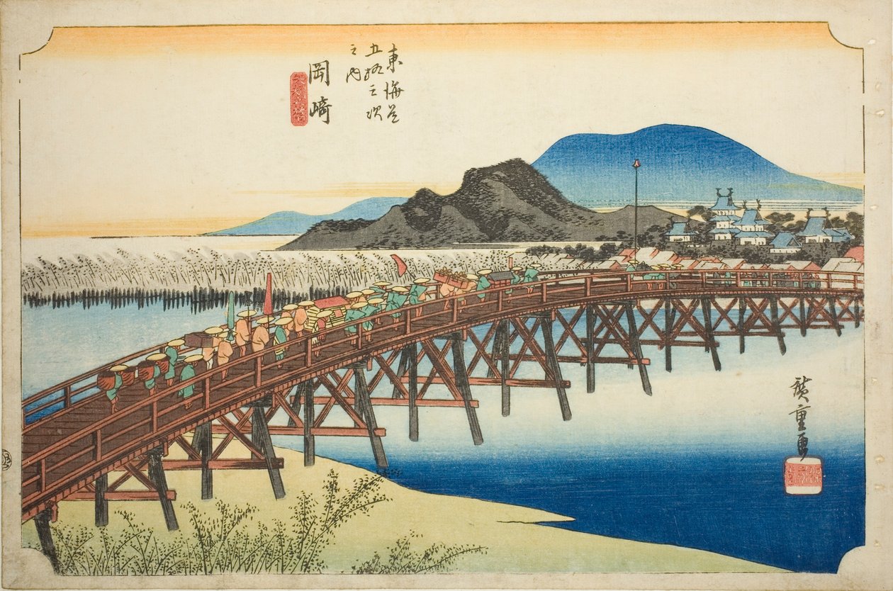Okazaki: Most Yahagi (Okazaki, Yahagi no hashi), ze série „Padesát tři stanic Tokaida (Tokaido gojusan tsugi no uchi)“, také známý jako Hoeido Tokaido od Utagawa Hiroshige