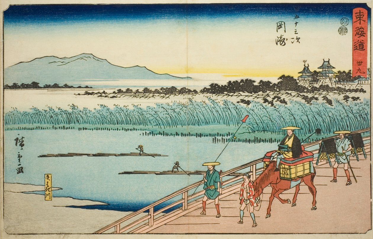 Okazaki: Řeka Yahagi (Okazaki, Yahagigawa) – č. 39, ze série „Padesát tři stanic Tokaida (Tokaido gojusan tsugi)“, známé také jako Reisho Tokaido od Utagawa Hiroshige