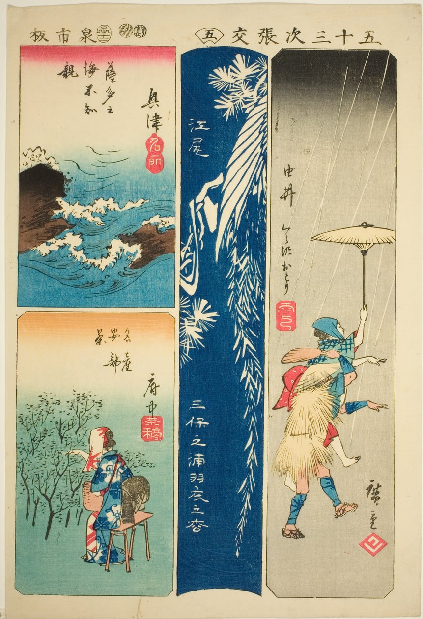 Okitsu, Ejiri, Yui a Fuchu, ne. 5 ze série "Vystřihovánky z padesáti tří stanic (Gojusan tsugi harimaze)" od Utagawa Hiroshige