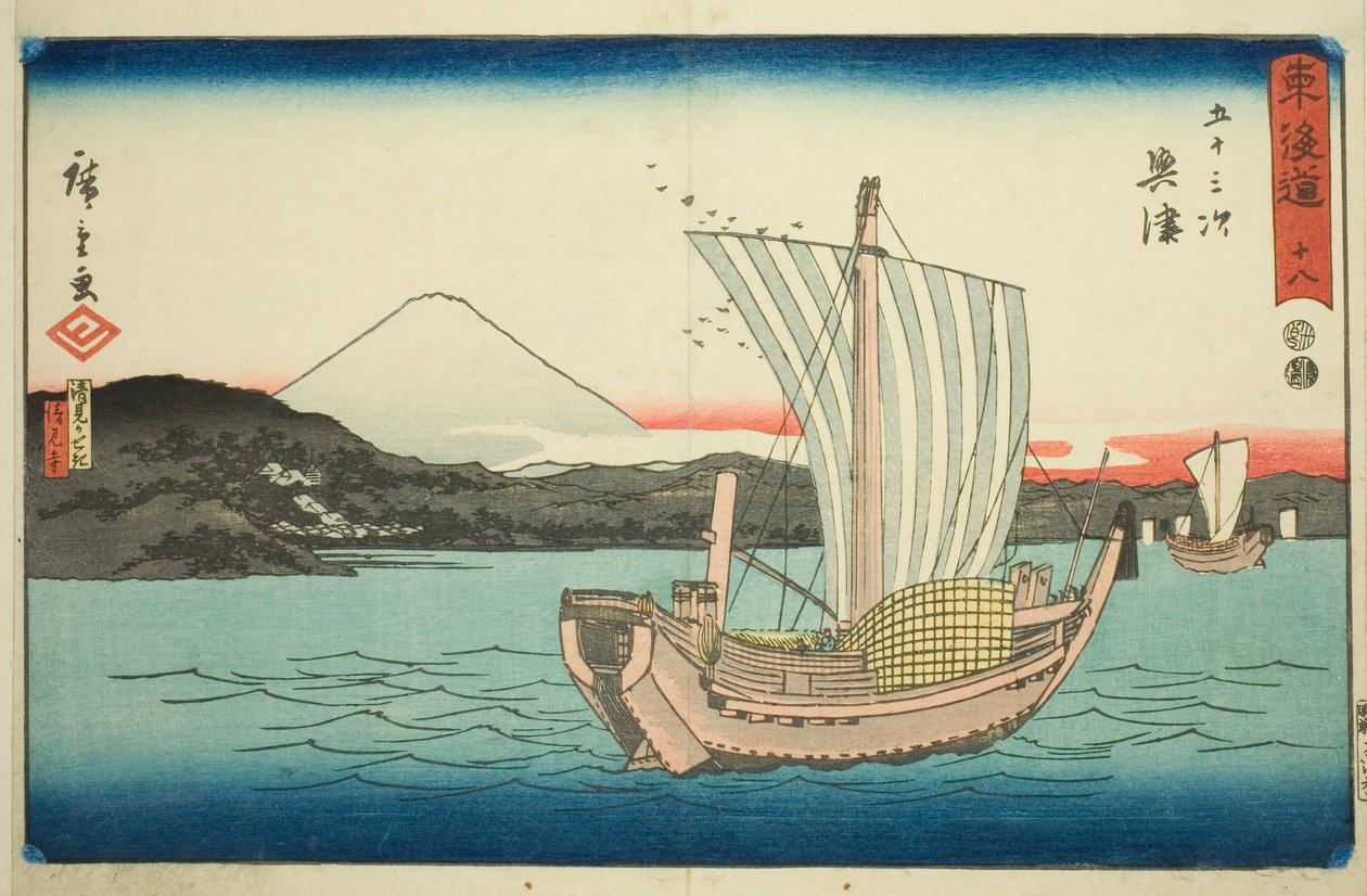 Okitsu: Chrám Kiyomigaseki a Seiken (Kiyomigaseki, Seikenji) – č. 18, ze série „Padesát tři stanic Tokaida (Tokaido gojusan tsugi), známé také jako Reisho Tokaido od Utagawa Hiroshige