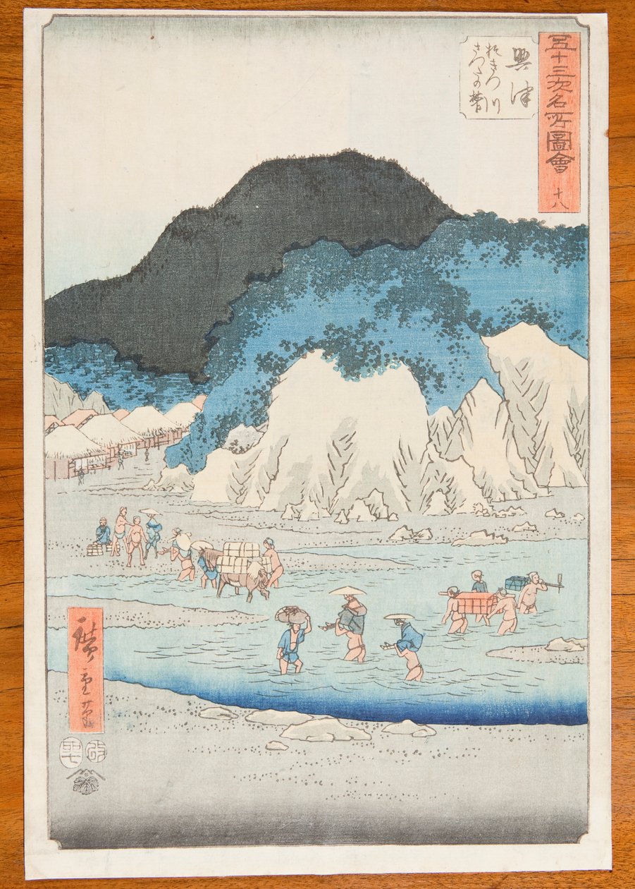 Okitsu, řeka Okitsu a průsmyk Satta, deska 18 ze série: Pohledy na slavná místa na padesáti třech zastávkách Tókaidó od Utagawa Hiroshige