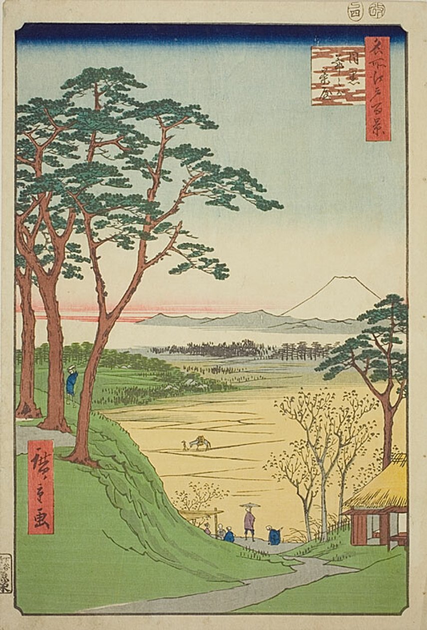 Čajovna starého muže, Meguro (Meguro Jijigachaya), č. 84 ze série "Sto slavných pohledů na Edo (Meisho Edo hyakkei)". od Utagawa Hiroshige