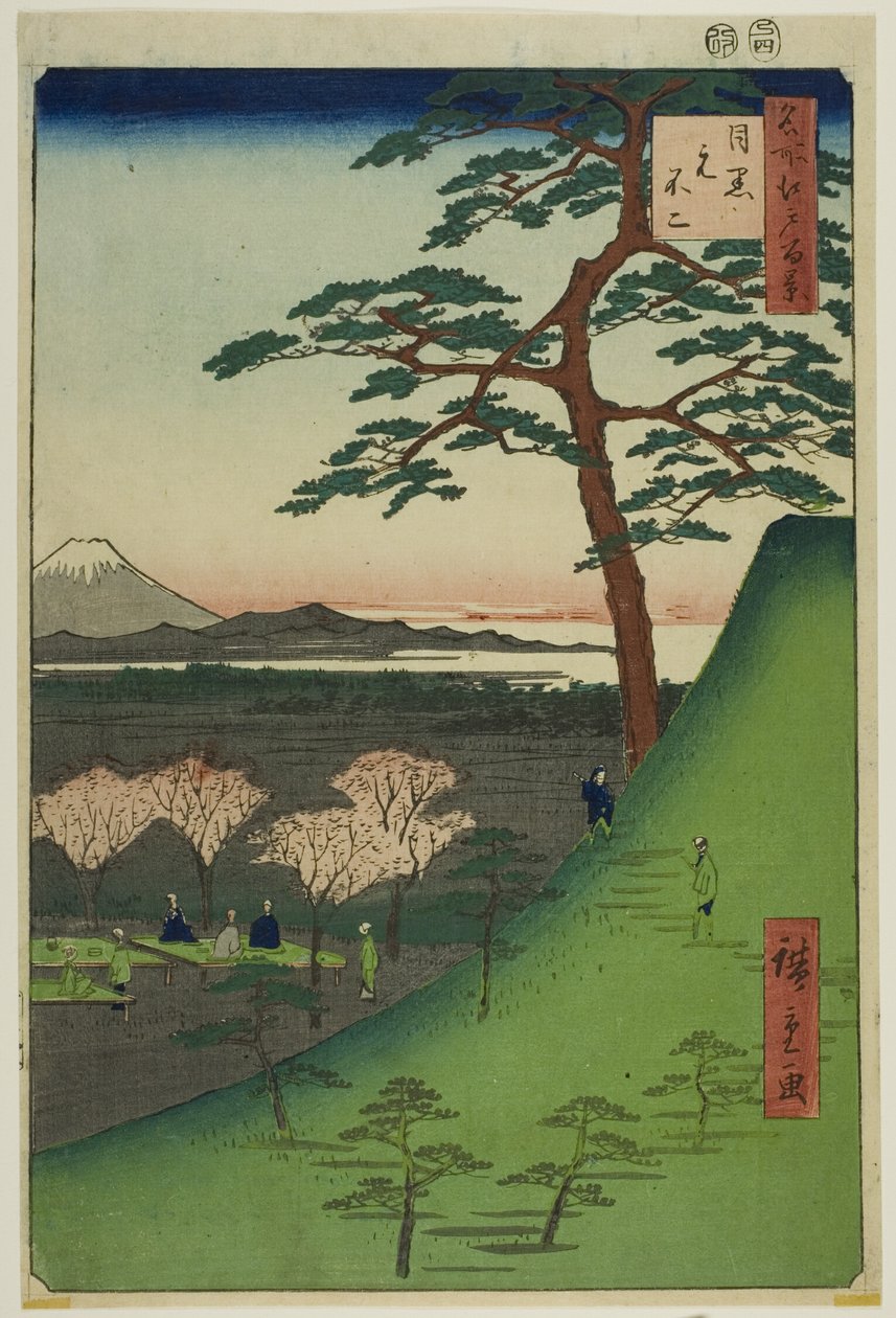 Původní Fudži, Meguro (Meguro Moto-Fuji), ze série "Sto slavných pohledů na Edo (Meisho Edo hyakkei)" od Utagawa Hiroshige