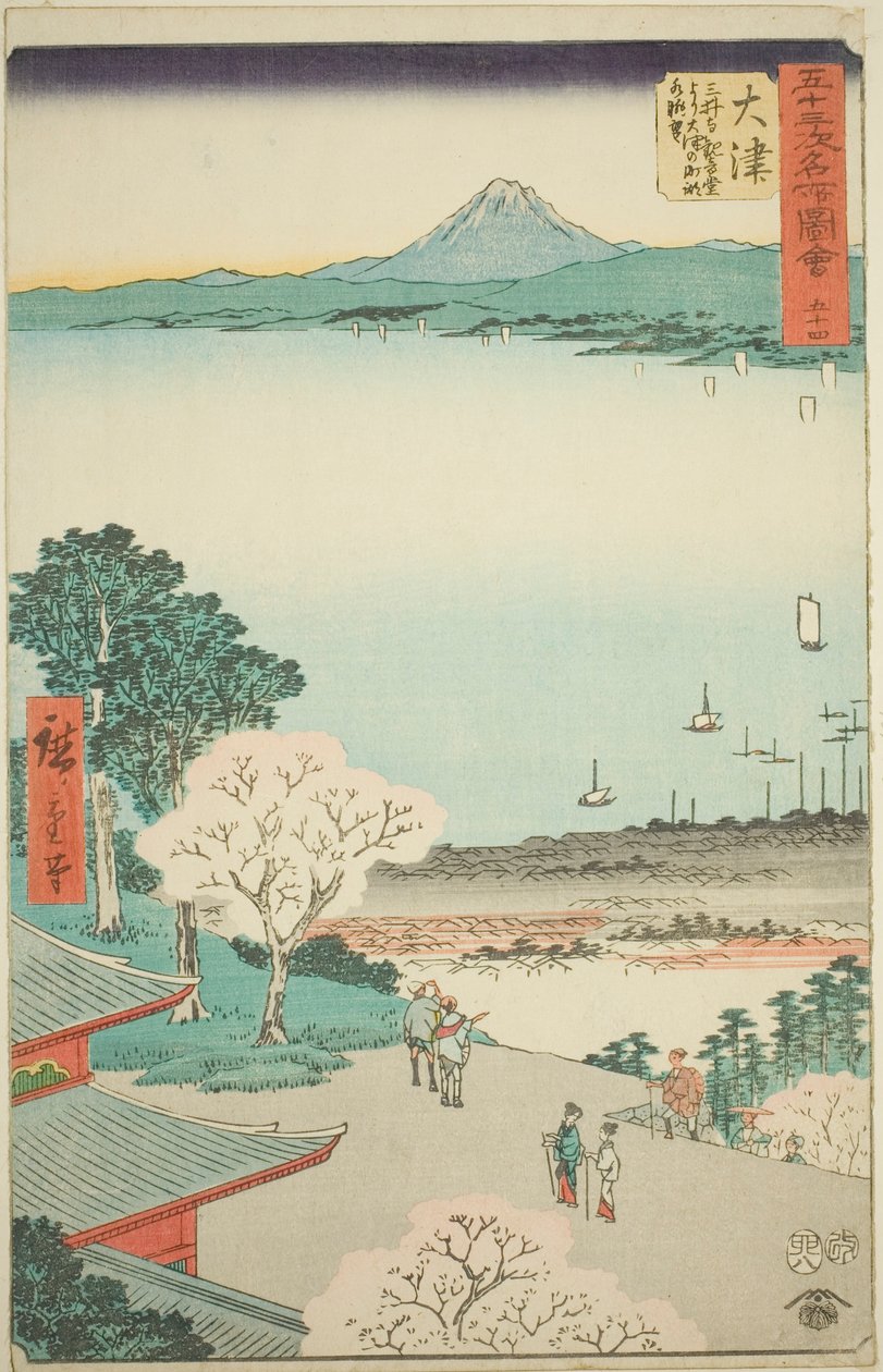 Otsu: Vzdálený pohled na Otsu a jezero z Kannon Hall of Mii Temple (Otsu, Miidera Kannondo Yori Otsu No Machi Kosui Chobo), no. 54 ze série „Slavné památky padesáti tří stanic (Gojusan Tsugi Meisho Zue)“, známé také jako Vertical To od Utagawa Hiroshige