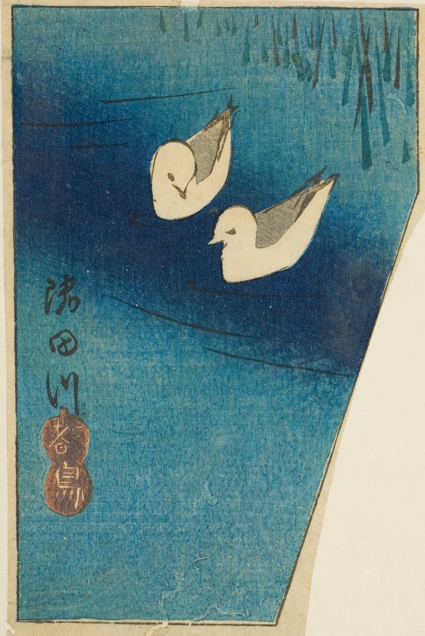 Ústřice na řece Sumida (Sumidagawa, miyakodori), část listu ze série "Vystřihovánky slavných míst v Edo (Harimaze Koto meisho)" od Utagawa Hiroshige