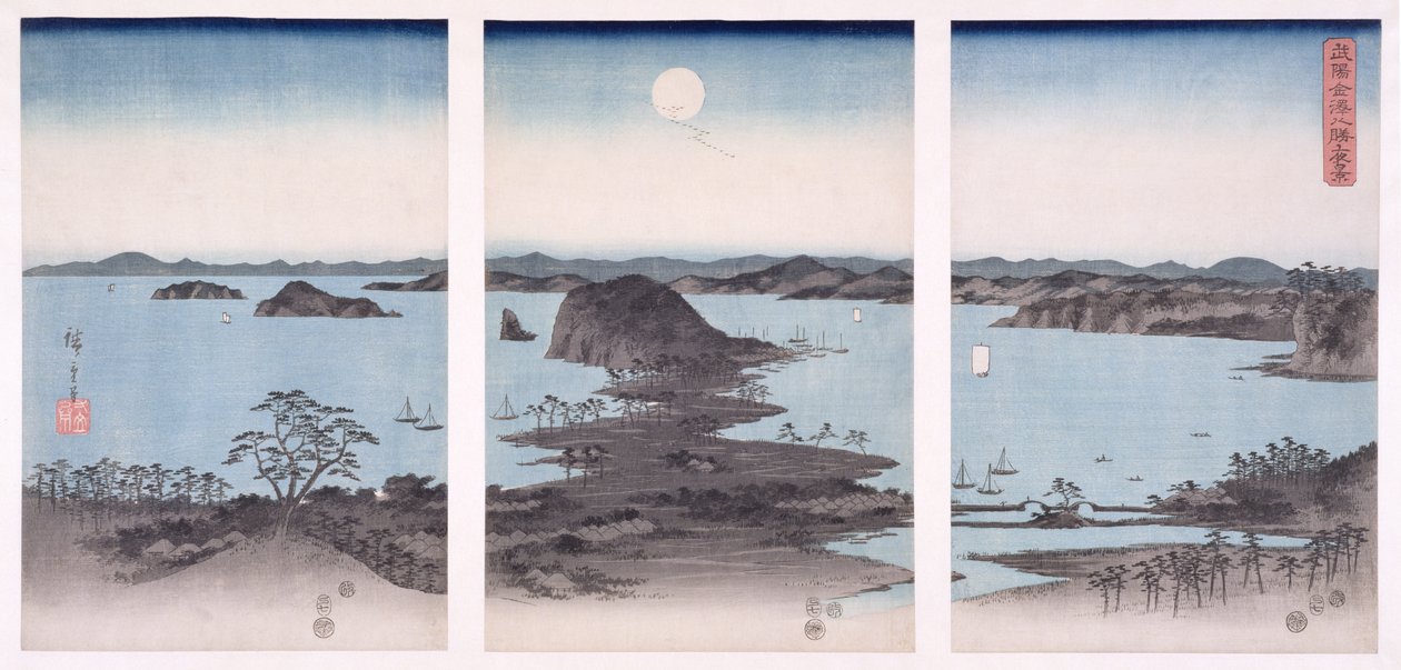 Panorama pohledů na Kanazawu za úplňku, ze série „Sníh, měsíc a květiny“, 1857 (dřevotisk) od Utagawa Hiroshige