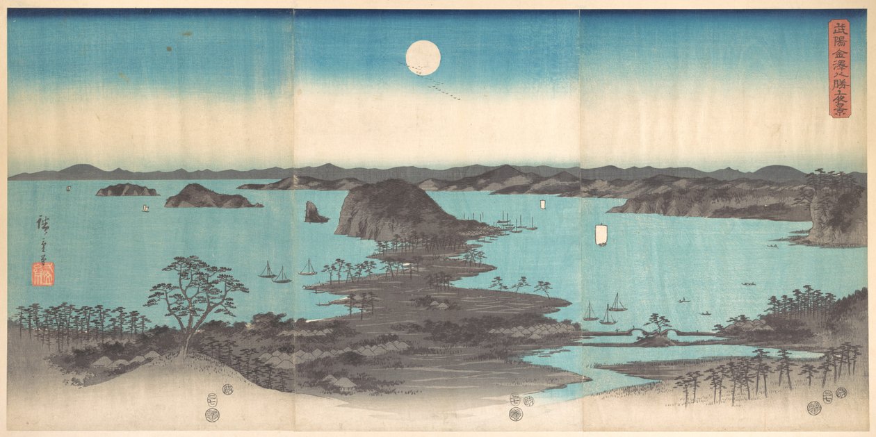 Panorama osmi pohledů na Kanazawu za úplňku od Utagawa Hiroshige