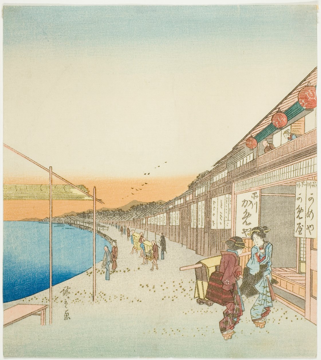 Chodci a obchody u přístavu v Šinagawě od Utagawa Hiroshige
