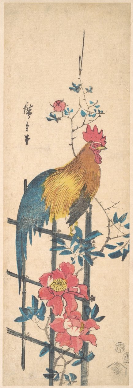 Pfingstrose und Hahn od Utagawa Hiroshige