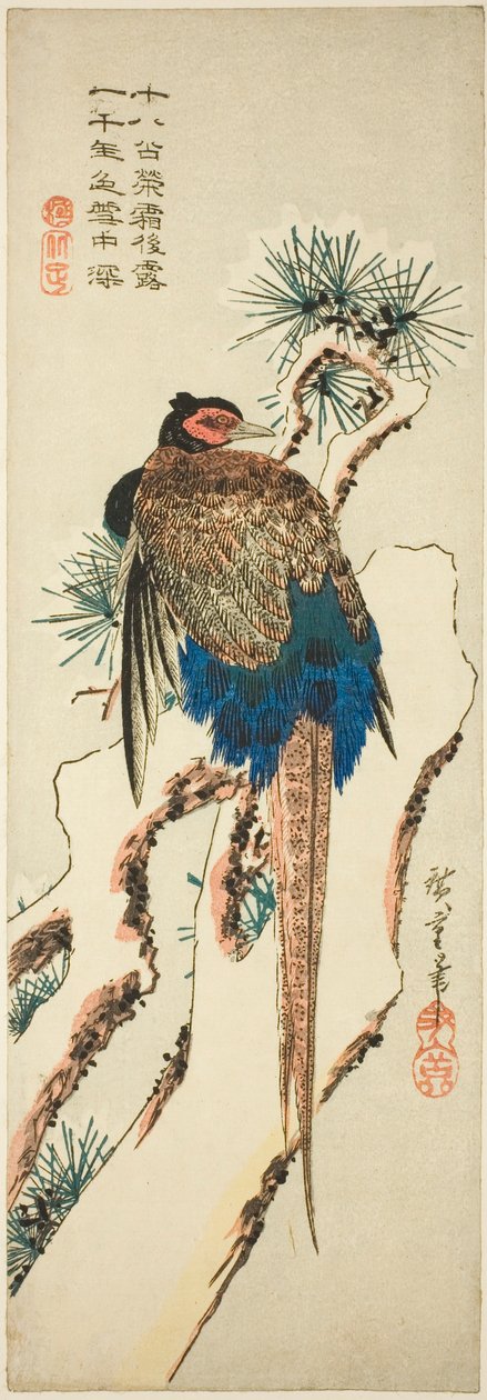 Bažant na zasněžené borovici od Utagawa Hiroshige