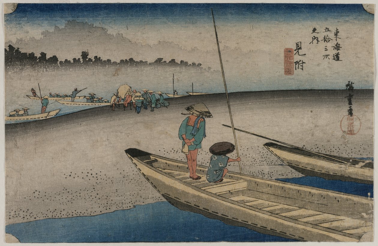 Obrázek řeky Tenryu poblíž Mitsuke (stanice 29), ze série Padesát tři stanic Tokaida od Utagawa Hiroshige