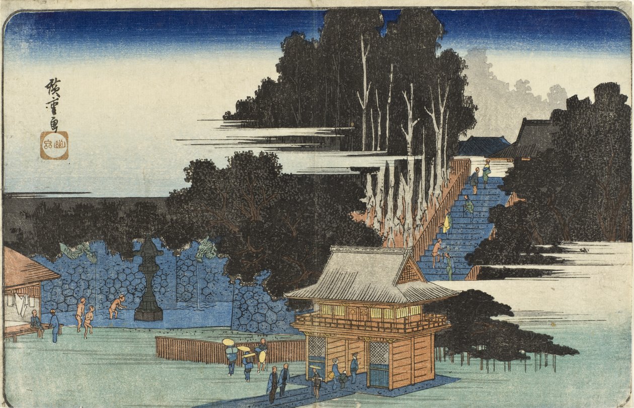 Poutníci u svatyně Fudō v Meguro od Utagawa Hiroshige