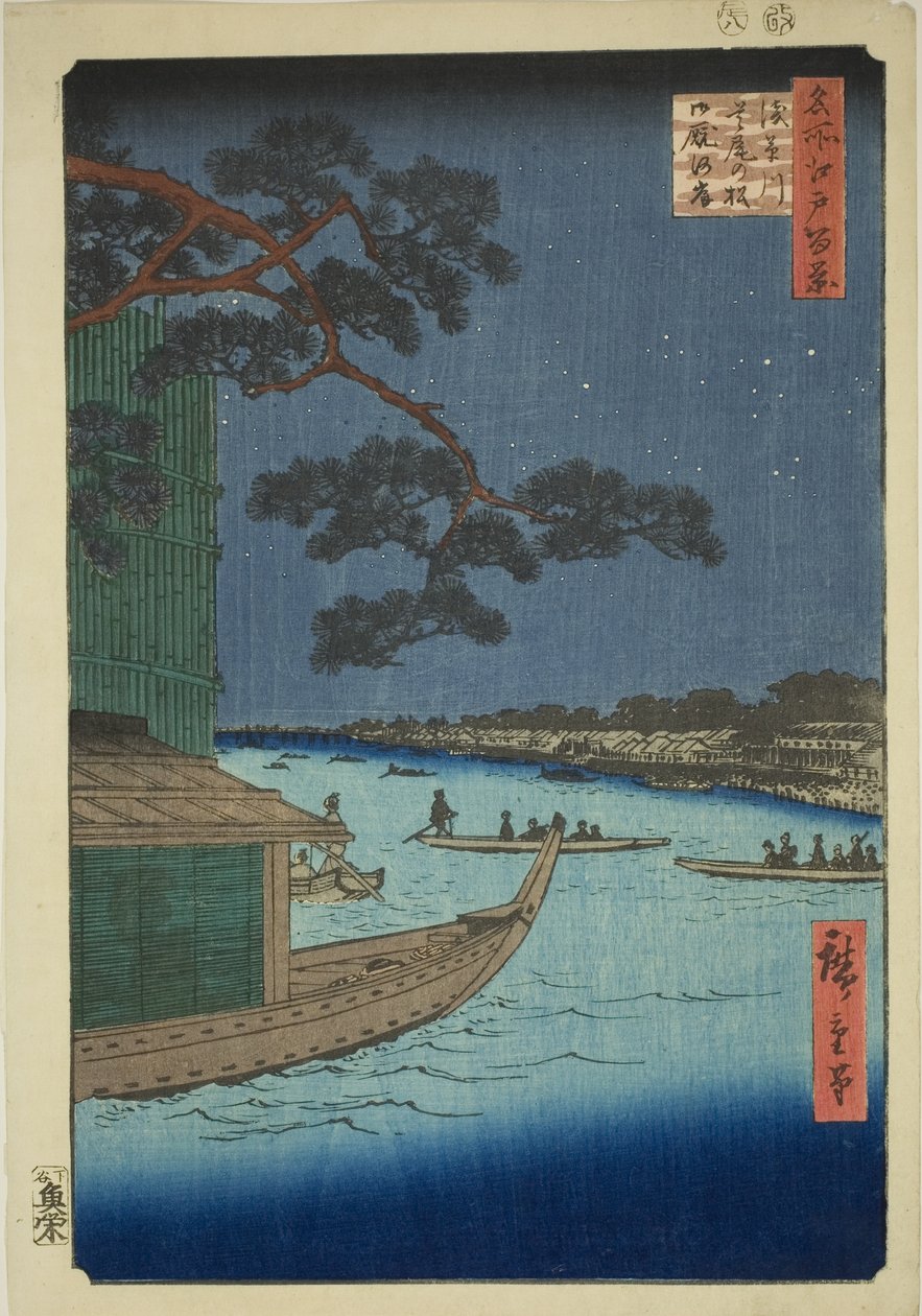 Pine of Sutto s Plan d Umaya, řeka Asakusa (Obranná borovice Umaya řeky Asakusa), ze seriálu „Hřeben pro hřeben“ 100 zobrazení)“ od Utagawa Hiroshige