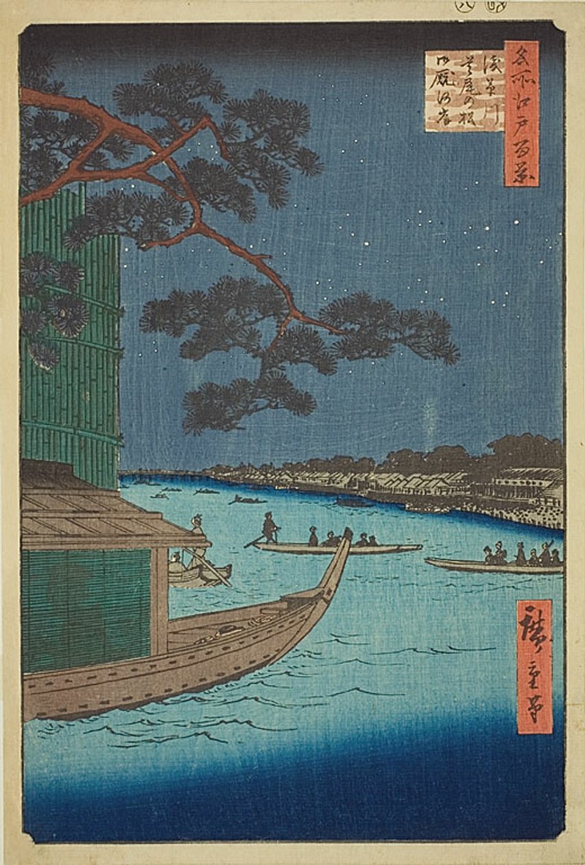 Borovice úspěchu a Oumayagashi, řeka Asakusa (Asakusagawa Shubi no matsu Oumayagashi), č. 61 ze série "Sto slavných pohledů na Edo (Meisho Edo hyakkei)". od Utagawa Hiroshige