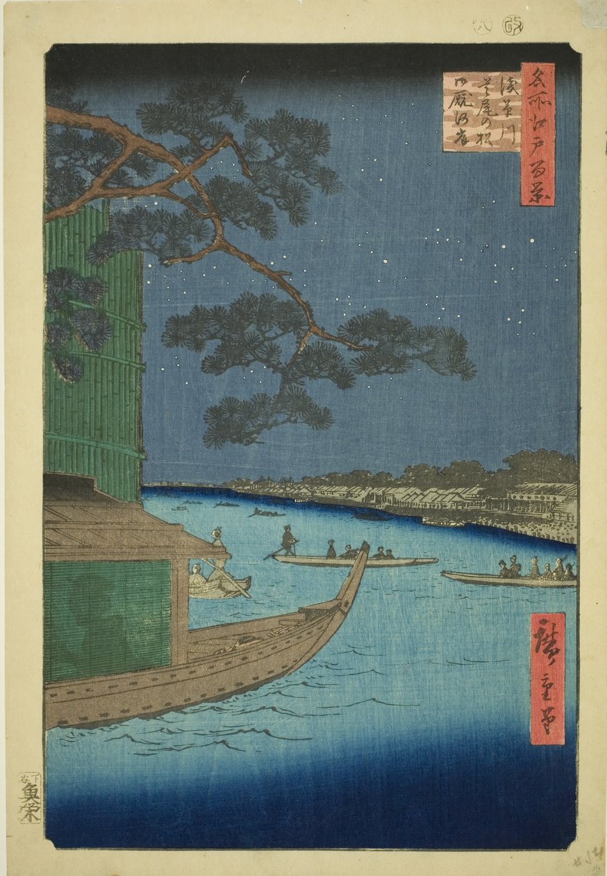 Pine of Sutto s Plan d Umaya, řeka Asakusa (Obranná borovice Umaya řeky Asakusa), ze seriálu „Hřeben pro hřeben“ 100 zobrazení)“ od Utagawa Hiroshige
