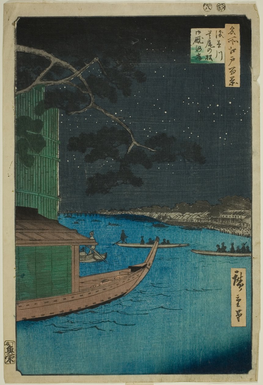 Pine of Success a Oumayagashi u řeky Asakusa (Asakusagawa shubi no matsu Oumayagashi), ze série „Sto slavných pohledů na Edo (Meisho Edo hyakkei)“ od Utagawa Hiroshige