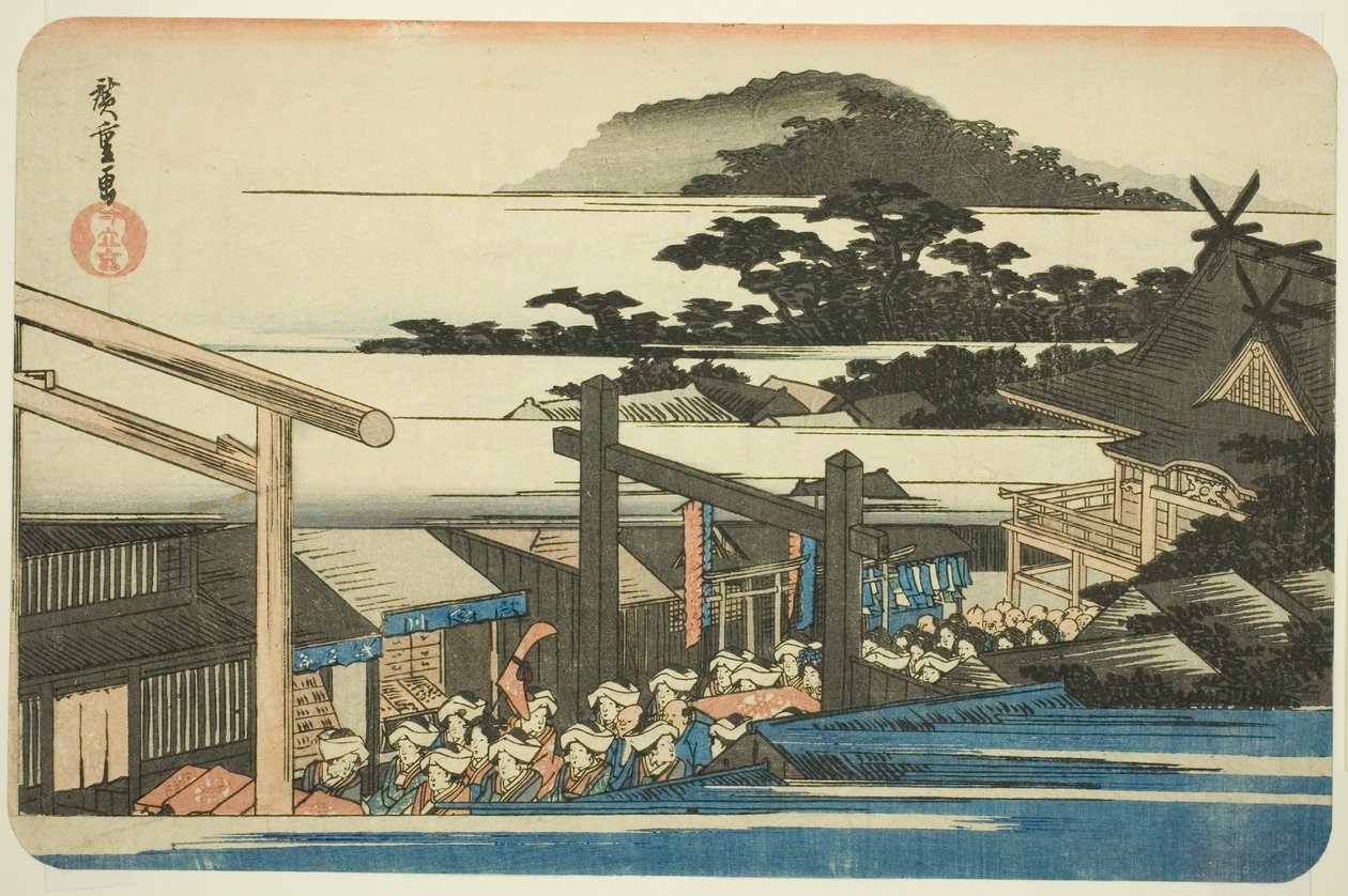 Okrsky svatyně Shiba Shinmei (Shiba Shinmei keidai), ze série „Slavná místa ve východním hlavním městě (Toto meisho)“ od Utagawa Hiroshige