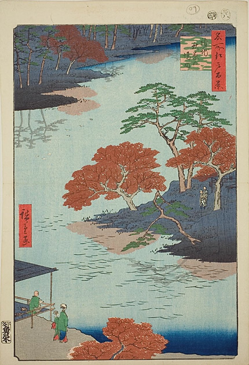 Předobrazy svatyně Akiba, Ukedži (Ukedži Akiba no keidai), č. 91 ze série "Sto slavných pohledů na Edo (Meisho Edo hyakkei)". od Utagawa Hiroshige