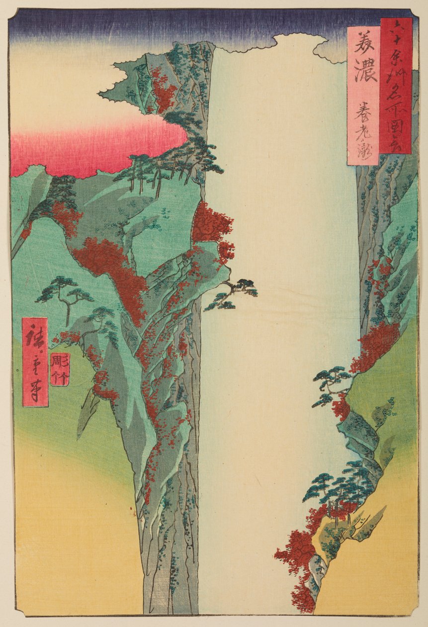 Provincie Mino / Mino Yoro Taki, ze série: Pohledy na slavná místa v šedesáti a něco provinciích / Rokuju yoshu meisho zue od Utagawa Hiroshige