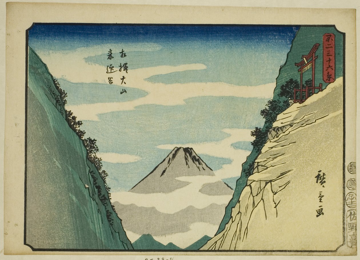 Údolí Raigo v Oyama v provincii Sagami (Sagami Oyama Raigodani), ze série „Třicet šest pohledů na horu Fuji (Fuji sanjurokkei)“ od Utagawa Hiroshige
