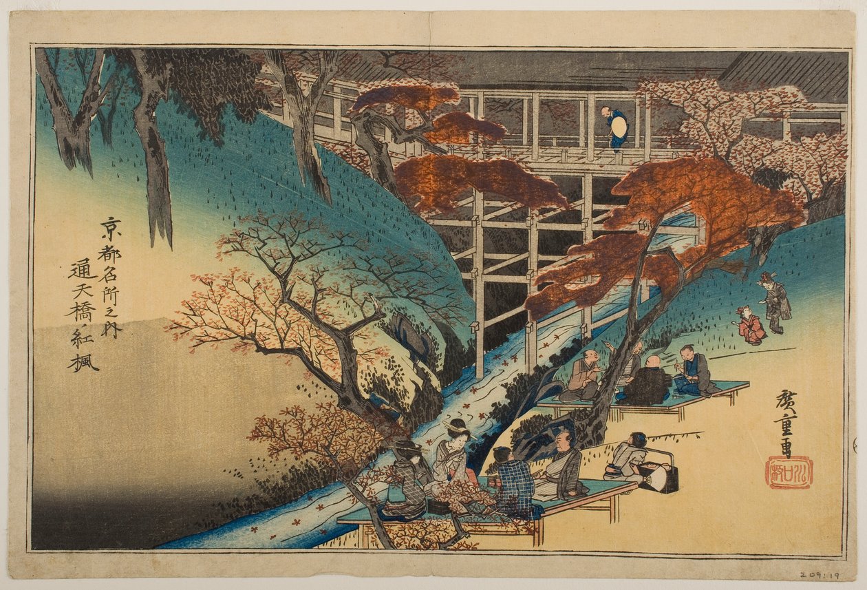 Červené javory u mostu Tsūten, ze série „Slavná místa v Kjótu“ od Utagawa Hiroshige