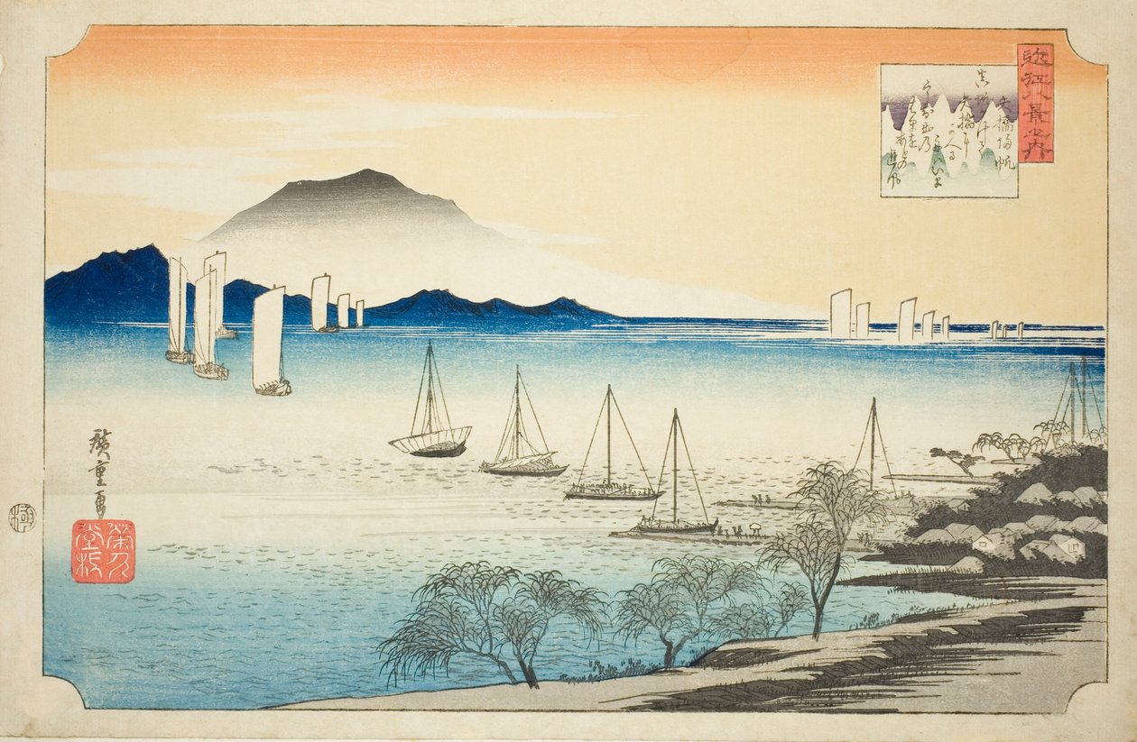 Retsu r Ning Sails na Yabase (Yabase no Kihan), ze série „Osm ws of Omi“ od Utagawa Hiroshige
