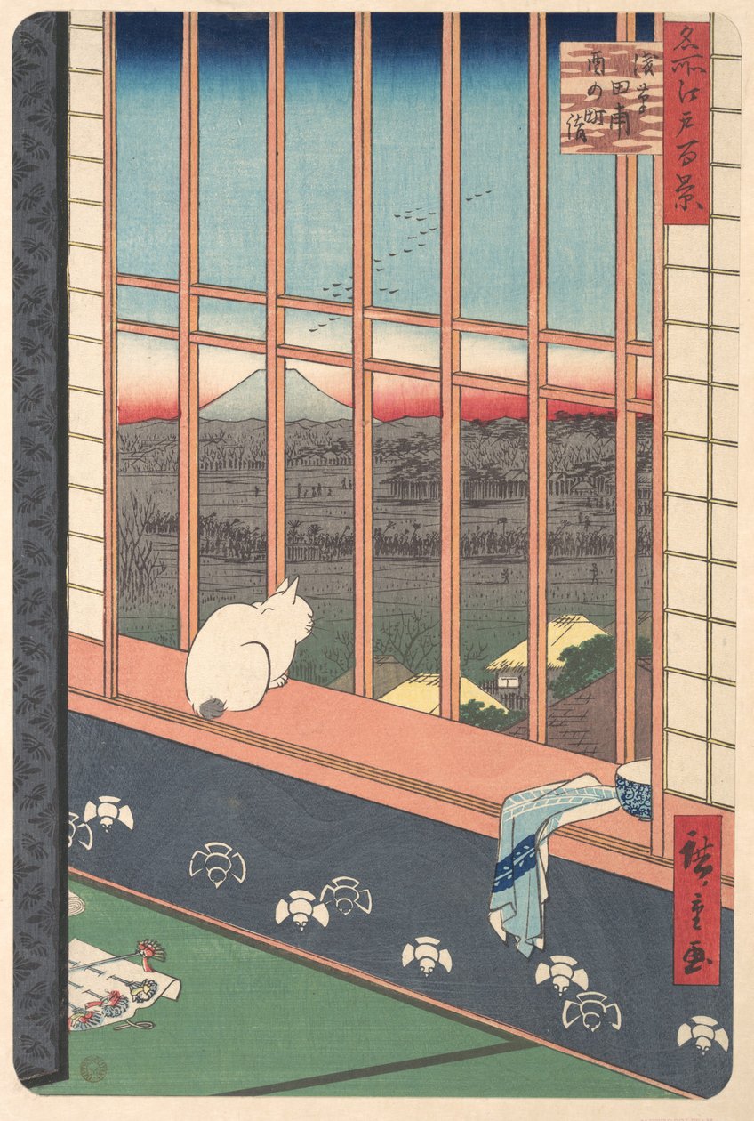 Veselící se lidé vracející se z festivalu Tori no Machi v Asakuse, ze série Sto slavných pohledů na Edo od Utagawa Hiroshige