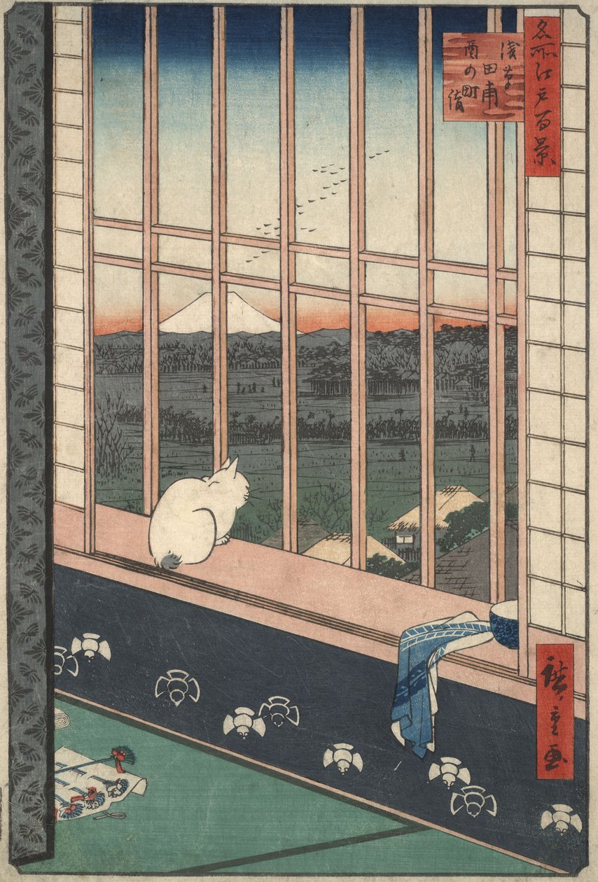 Rýžová pole v Asakuse, účastníci festivalu Tori no Machi na cestě zpět, ze série „Sto slavných pohledů na Edo“ od Utagawa Hiroshige