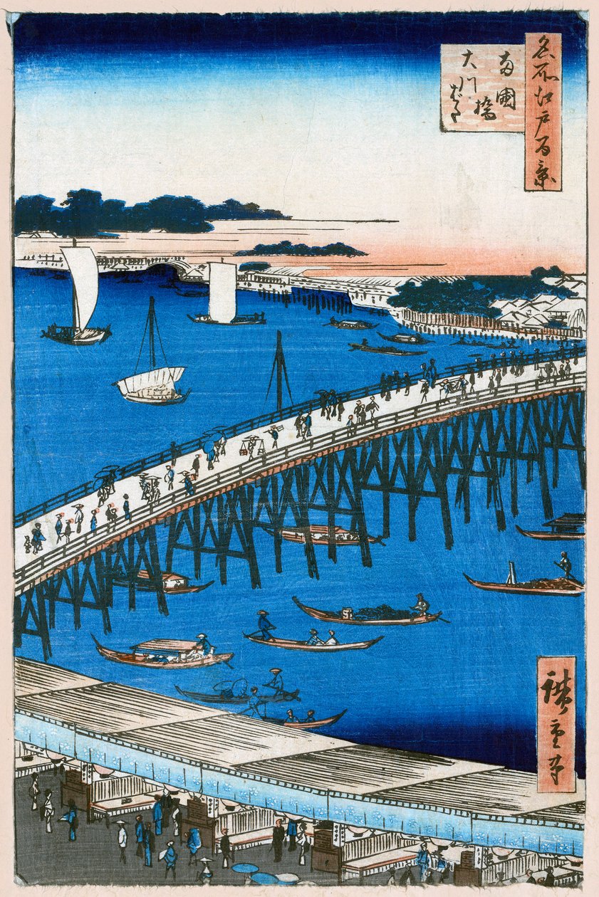Břeh řeky u mostu Ryogoku Sto slavných pohledů na Edo, 1856-1858. od Utagawa Hiroshige