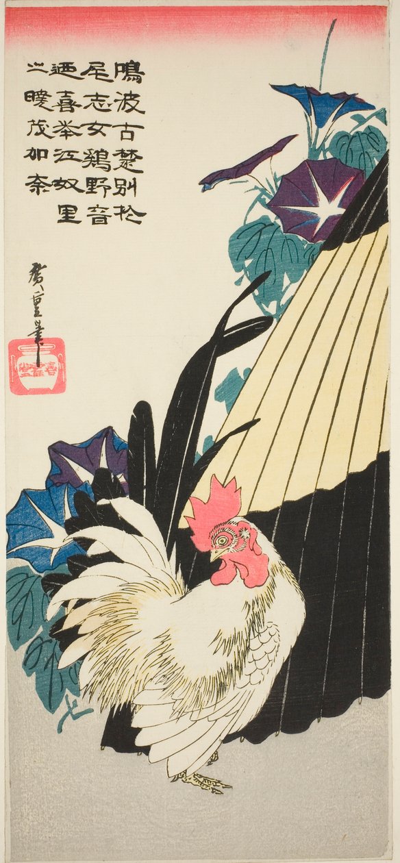 Kohout, deštník a ranní slávy od Utagawa Hiroshige