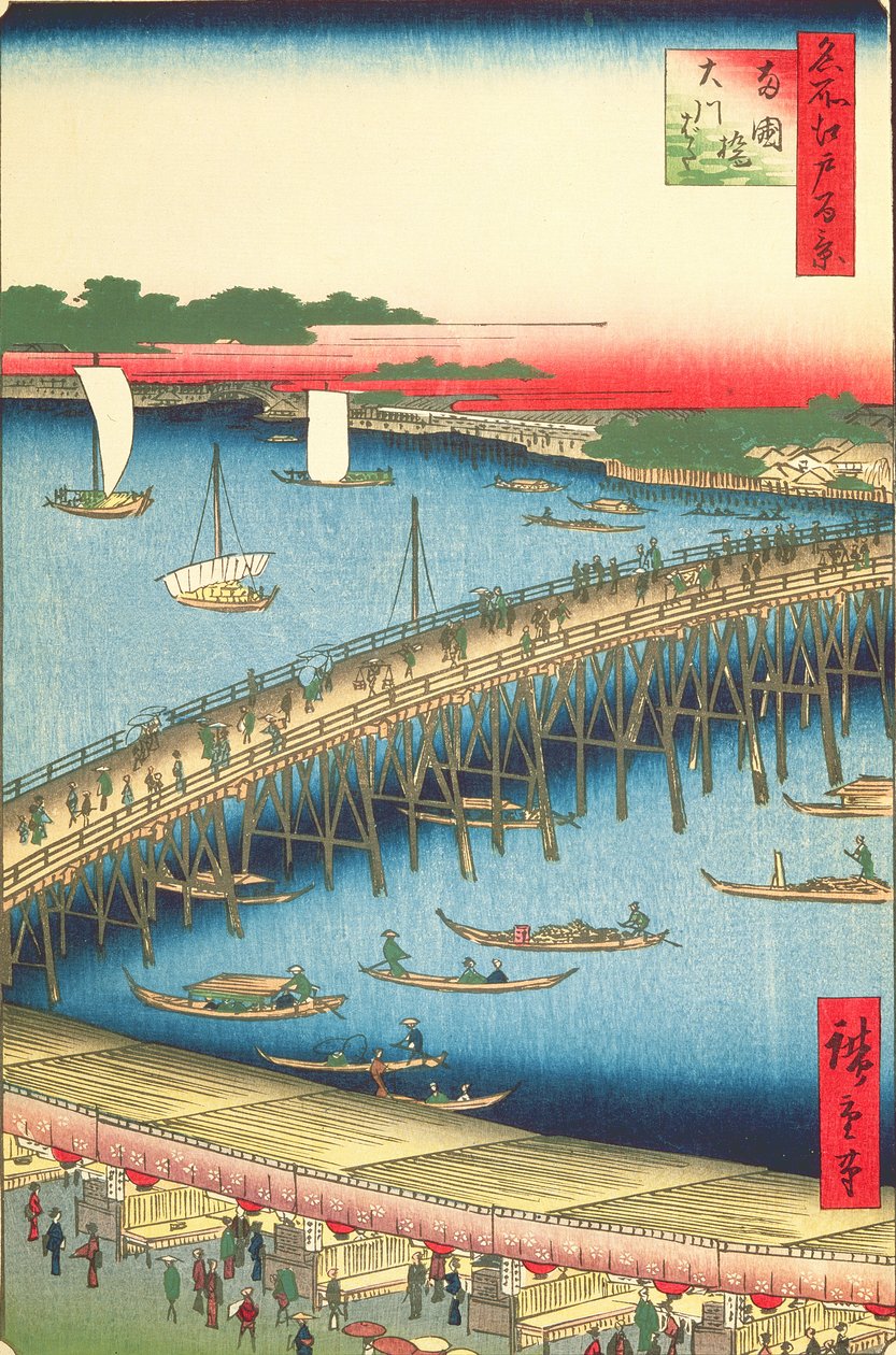 Ryogoku Bridge and the Great Riverbank, č. 59 ze Sto slavných pohledů na Edo, 1856 (barevný tisk ze dřeva) od Utagawa Hiroshige