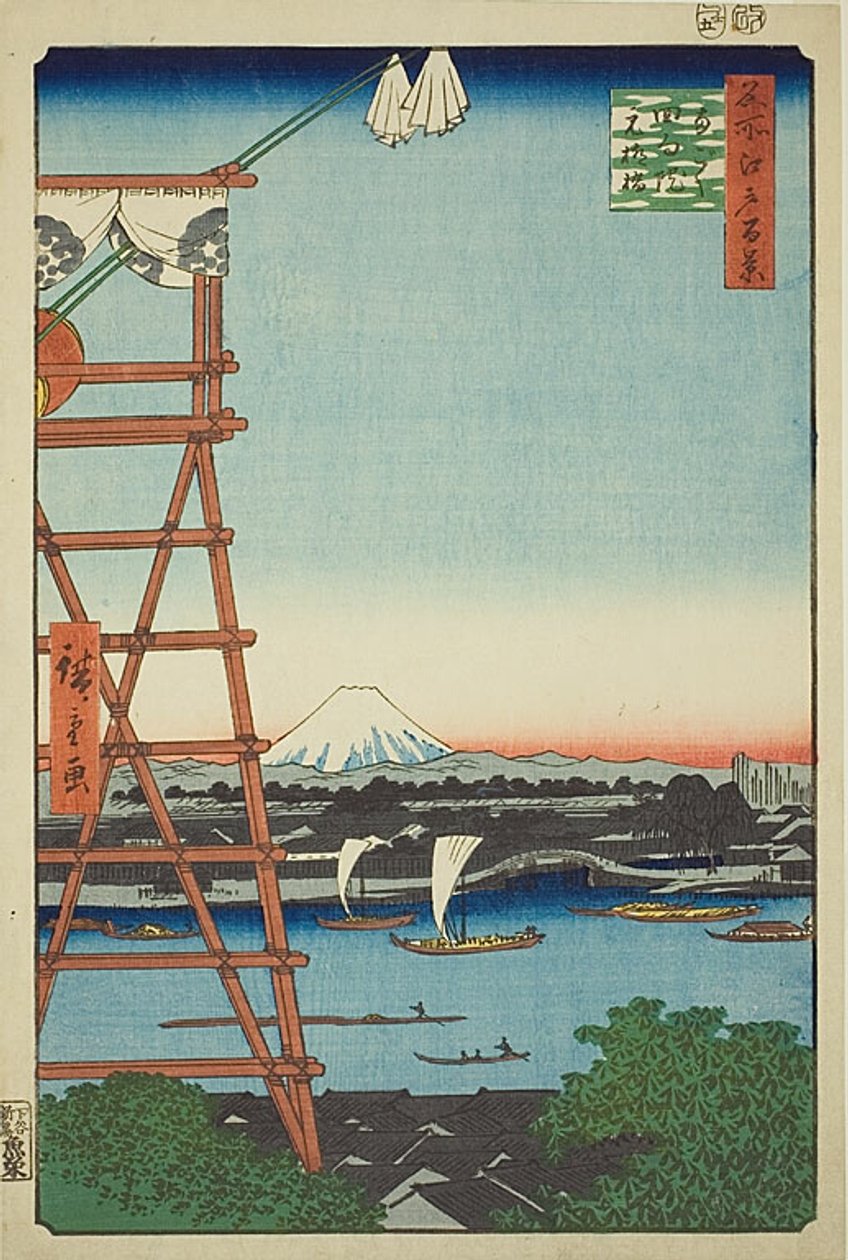 Rjógoku Ekoin a most Moto-Janagi (Rjógoku Ekoin Moto-Janagibashi), č. 5 ze série "Sto slavných pohledů na Edo (Meišó Edo hjakkei)". od Utagawa Hiroshige