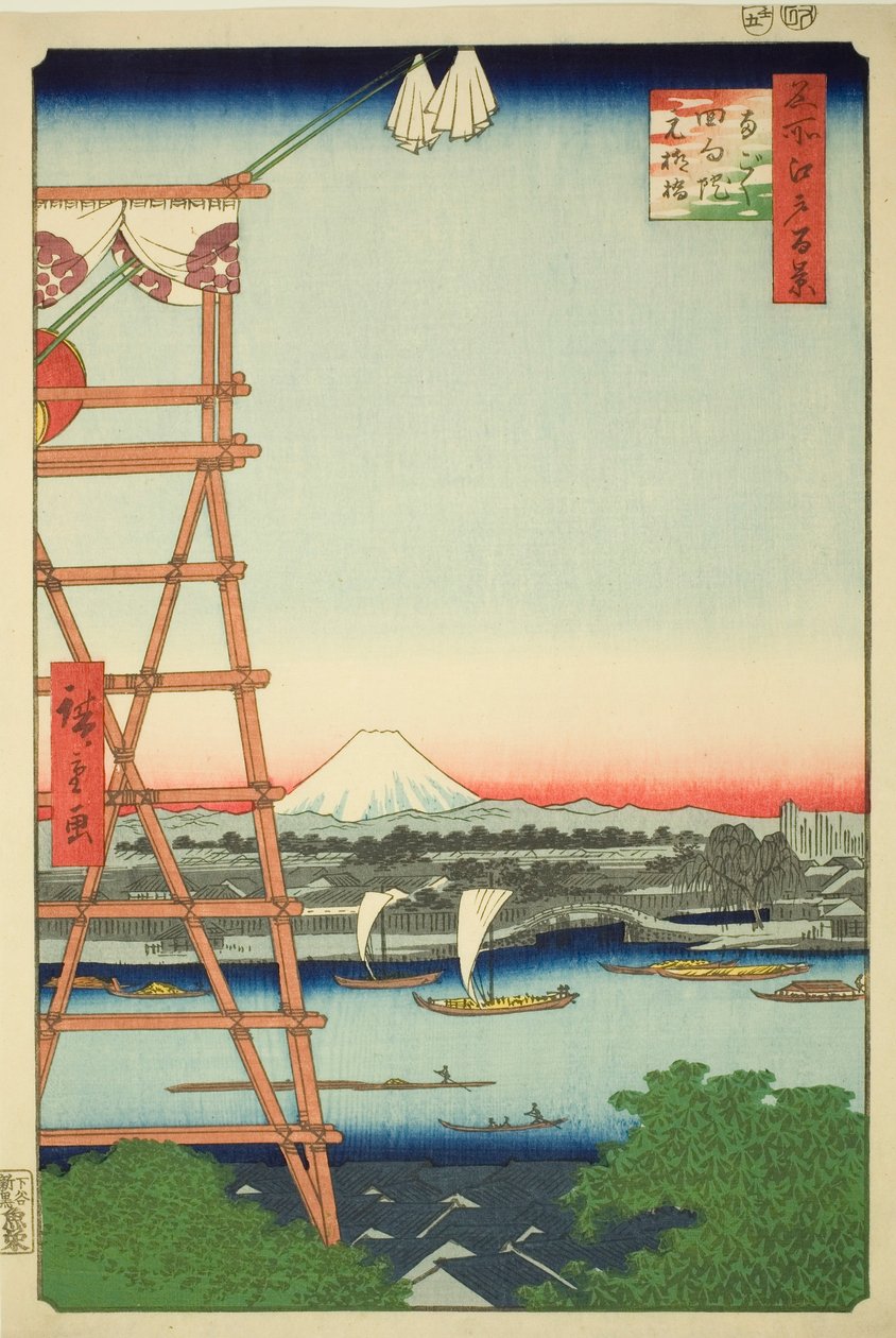 Myšlenka eko-člena Rokoku d Yuan Yanagi Bridge (eko-člen Rokoku Yuan Yanagibashi), ze seriálu „Výhledy z hřebenů na Edo (Sto slavných pohledů na Edo)“ od Utagawa Hiroshige