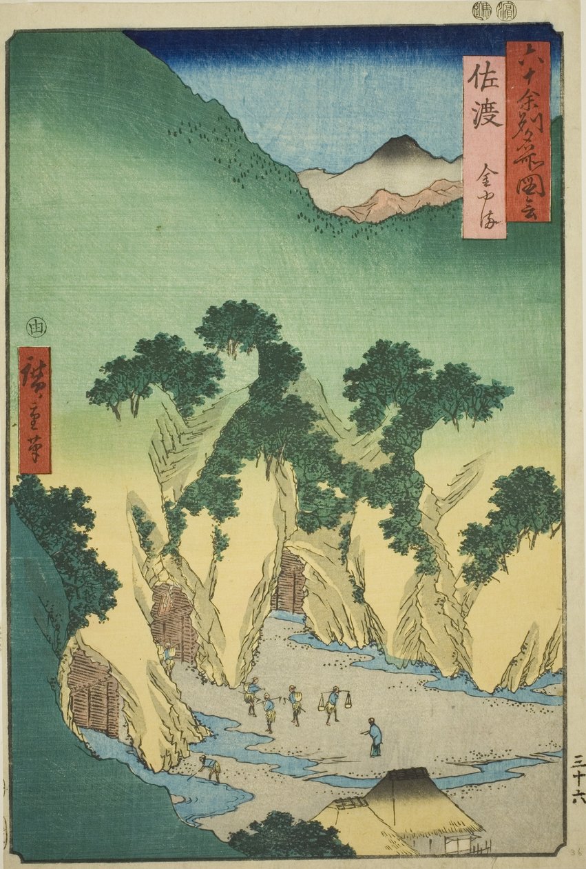 Provincie Sado: Zlaté doly (Sado, Kinzan), ze série „Slavná místa v šedesáti lichých provinciích (Rokujuyoshu meisho zue)“ od Utagawa Hiroshige