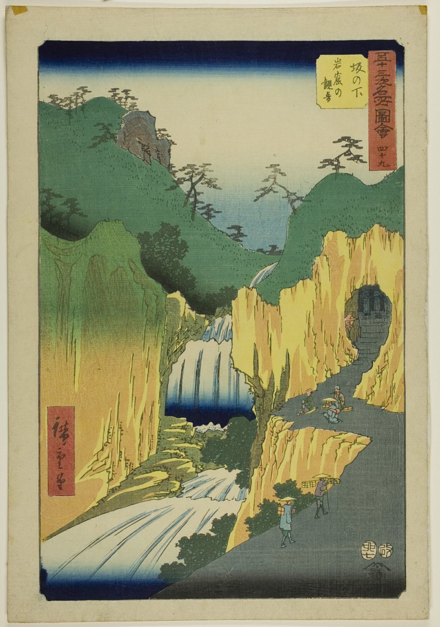 Sakanoshita: Sakanoshita, Gankutsu no Kannon), čj. 49 ze série "Slavné památky padesáti tří stanic (Gojusan tsugi meisho zue)", známé také jako Vertikální Tokaido. od Utagawa Hiroshige
